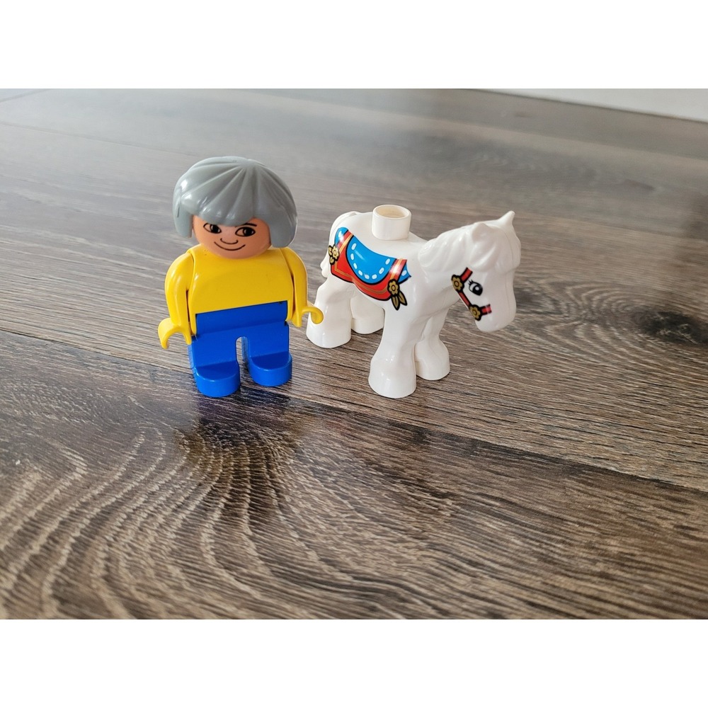 LEGO Duplo Rider Figure with White Horse‎ Yellow Shirt Blue Pants Grey Hair #5
